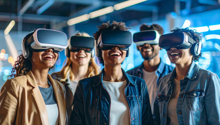 Group of happy young people using virtual reality headset in office at nightの素材