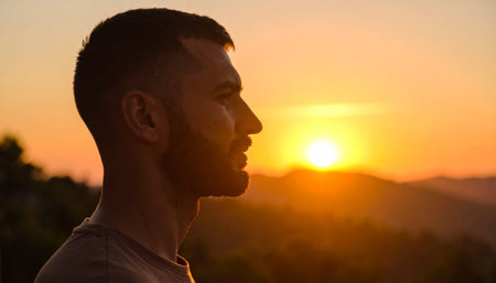 Handsome young man at sunset in the mountainsの素材
