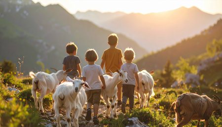Three little kids, boys and girl, walking in the mountains with goats at sunset.の素材