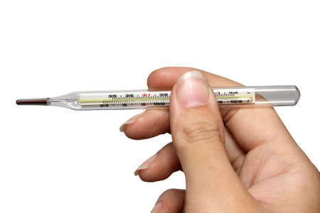 Thermometer in hand on white backgroundの写真素材