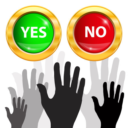 Large group of raising hands  Vote and yes or no button  Vector illustration のイラスト素材