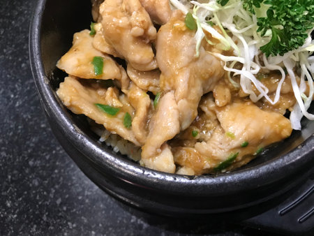 Teriyaki chicken on rice in black bowlの写真素材