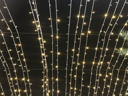 christmas garland lights on a black background, closeup of photoの写真素材