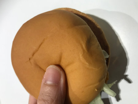 Hamburger on a white background. Hand holds hamburger.の写真素材