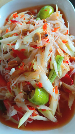 Papaya Salad mixed Fermented Rice Noodles Recipeの写真素材