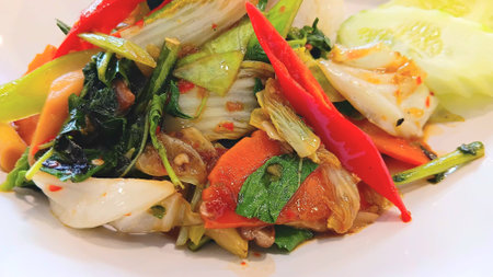 Stir Fried Vegetables with Basil Leaves and Fried Egg Recipeの写真素材