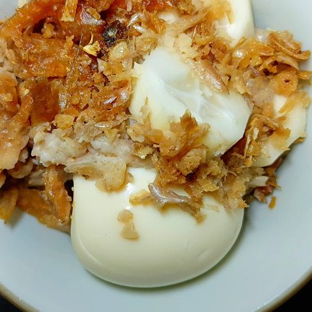 Fried Garlic and Boiled Egg in Ceramic Bowlの写真素材