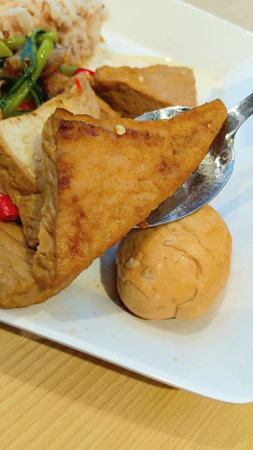 Tofu and Egg in Sweet Brown Sauce Recipeの写真素材