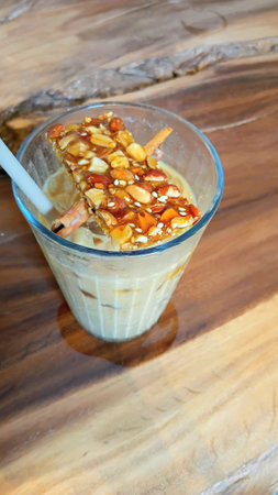 Iced Coffee and Cereal Bar at Cafeの写真素材