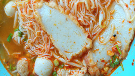 Tom Yum Noodles with Fish Balls Recipeの写真素材