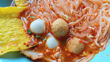 Tom Yum Noodles with Fish Balls Recipeの写真素材