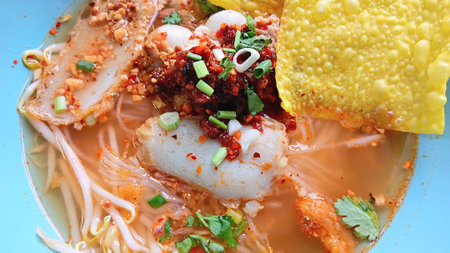 Tom Yum Noodles with Fish Balls Recipeの写真素材