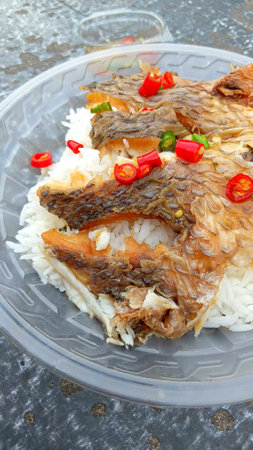 Fried Fish on Rice Recipeの写真素材