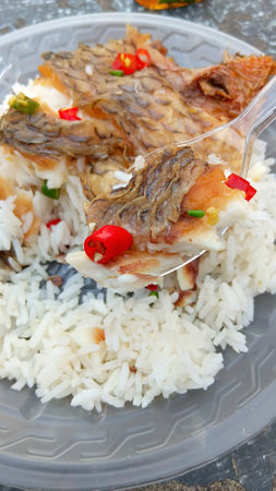 Fried Fish on Rice Recipeの写真素材