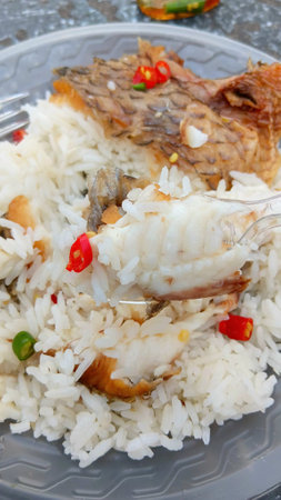 Fried Fish on Rice Recipeの写真素材
