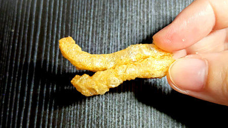 Crispy Pork Rinds on Handの写真素材