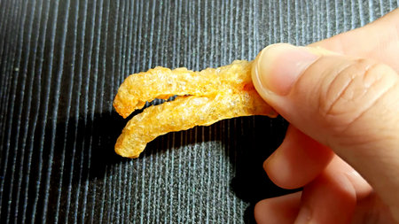 Crispy Pork Rinds on Handの写真素材