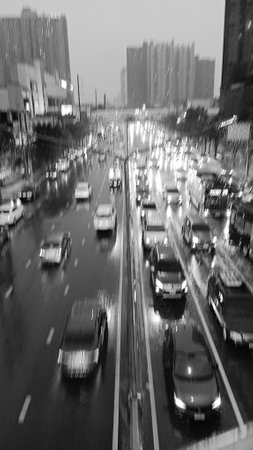 Blurred Rain and Traffic View as Black and White Backgroundの写真素材
