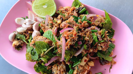 Spicy Catfish Salad at The Street Food Marketの写真素材