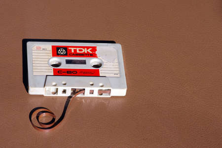 Yogyakarta, Indonesia - September 6, 2020: An audio cassette like this was used to record songs in the 1980s. Nowadays people rarely use audio cassettes, because it has been replaced by MP3のeditorial素材