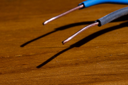Two electrical power copper cables with its shadow on wood background.