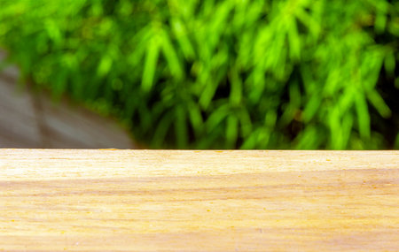 Wooden board empty table in front of blurred green background for display of productの写真素材