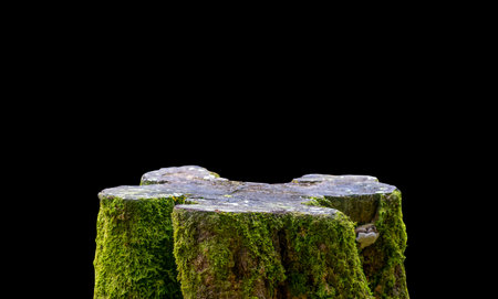 Round wooden cut shape with green moss for product display with dark background