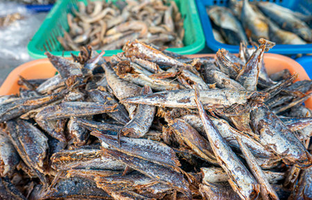 Ikan asin, salted fish  at traditional market in Yogyakarta, Indonesia.の写真素材