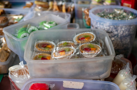Jajan Pasar, Indonesian traditional cakes on street food market, in Yogyakarta, Indonesiaの写真素材