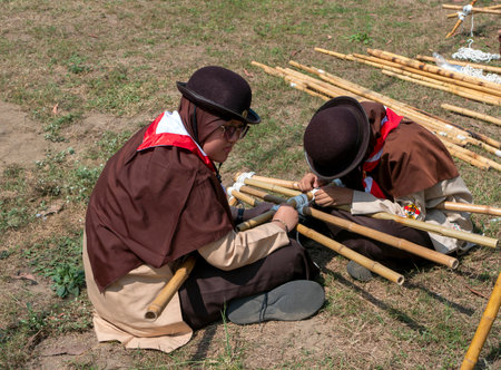 Yogyakarta-Indonesia, July 15, 2023: Pramuka, girl scouts learning outdoor skills at the Babarsari campground, Yogyakarta, Indonesiaのeditorial素材