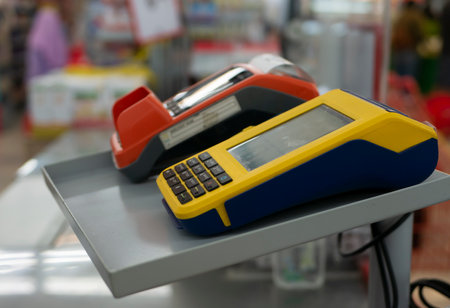 EDC machines or electronic data capture machine for payment of groceries at a supermarket in Yogyakarta, Indonesia.の写真素材
