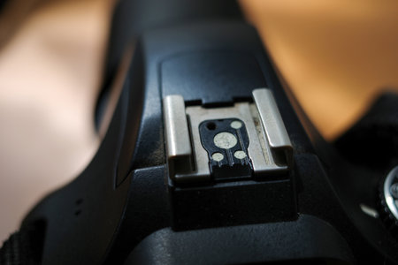 Close up of a hot shoe on a DSLR camera, shallow focus.の写真素材
