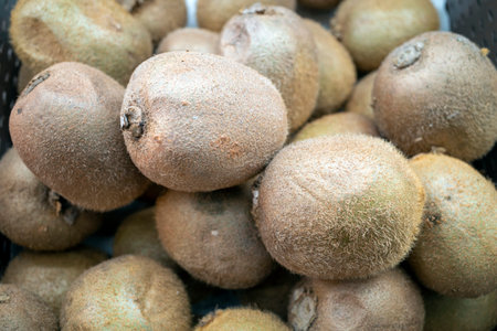 A pile of kiwi fruit (Actinidia deliciosa). Background of a large number of fruits.の写真素材
