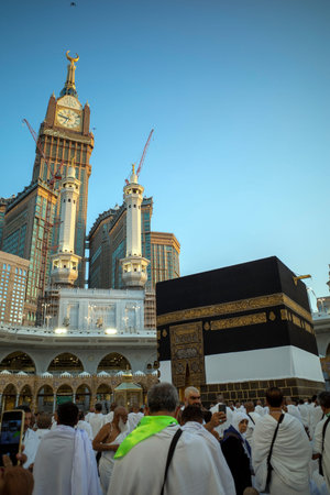 Mecca, Saudi Arabia - May 27, 2024: The Kaaba, where Hajj and Umrah pilgrims perform Thawaf, with a...