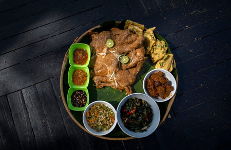 Ingkung Ayam, a traditional food from Yogyakarta, Indonesia, made from a whole chicken boiled with spice and coconut milk.の写真素材