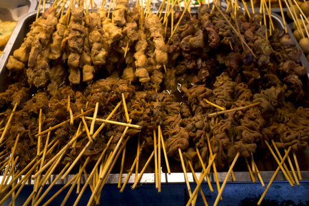 Innards satay on Angkringan, delicious street food in Yogyakarta, Indonesia.の写真素材