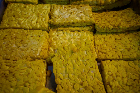 Tempeh, a traditional Indonesian food made from fermented soybeans.