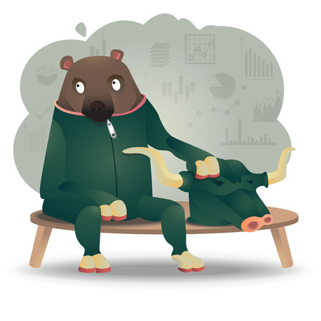 bull and bear, financing metaphor, cartoon, funny stock marget cartoonのイラスト素材