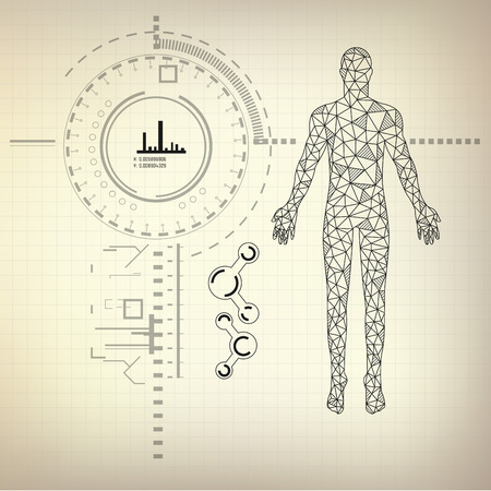 blue print of human, abstract sience, low poly man in drawing style, drawing of technology, scientific interfaceのイラスト素材
