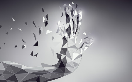 low poly hand reaching; scientific analysis; futuristic background; abstract technology backdrop; black and white digital theme; polygon hand in technological looksのイラスト素材