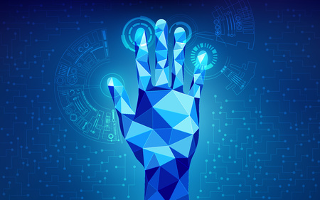 low poly hand touching interface; scientific analysis; futuristic background; abstract technology backdrop; blue digital theme; polygon hand in technological looksのイラスト素材