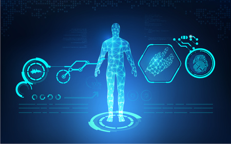 abstract technological health care; science blue print; scientific interface; futuristic backdrop; digital blueprint of human; 3D body part of humanのイラスト素材