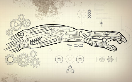 drawing blueprint of robot hand; scientific interface; futuristic backdrop; abstract technology background;のイラスト素材