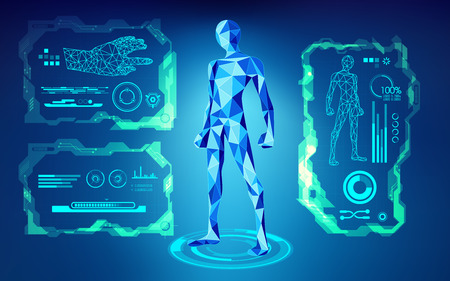 scientific interface; futuristic backdrop; abstract technology background; blue digital theme; polygon man in technological looks; low poly human in teachnological looksのイラスト素材