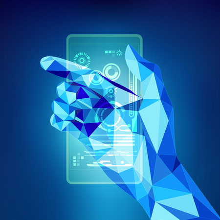low poly hand touching interface; scientific analysis; abstract technology backdrop; blue digital theme; polygon hand in technological looks; technology touch screenのイラスト素材