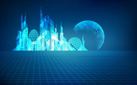 futuristic city with a planet as a background, digital buildingのイラスト素材
