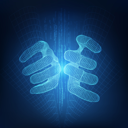 3D wireframe hand open dimension grid, abstract futuristic digital theme, concept of digital eraのイラスト素材
