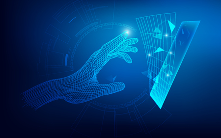 wireframe hand reaching to digital world, concept of communication worldのイラスト素材