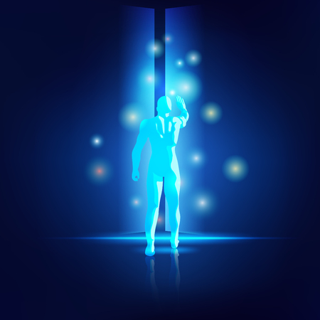 concept of science fiction theme, man reaching the door of light, key to science successのイラスト素材