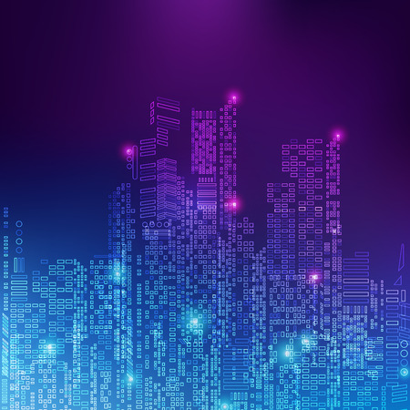 abstract technology background; digital building in a matrix style; technological city combined with lighting effectのイラスト素材